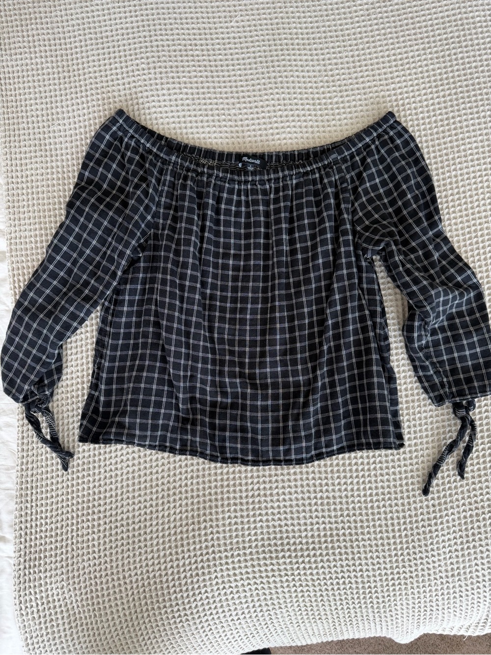 Madewell Black Plaid Off-the-Shoulder Blouse